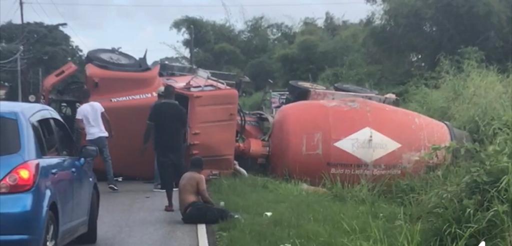 Readymix cement truck capsized in Point-a-Pierre