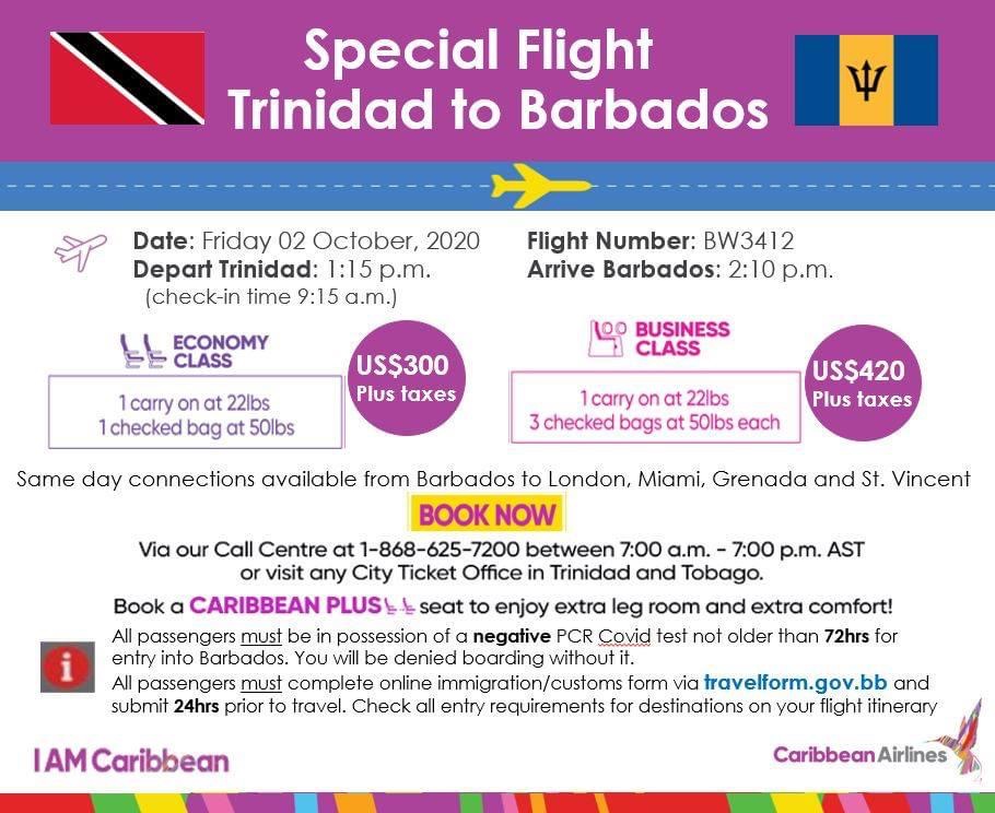 Caribbean Airlines specially approved flight to Barbados