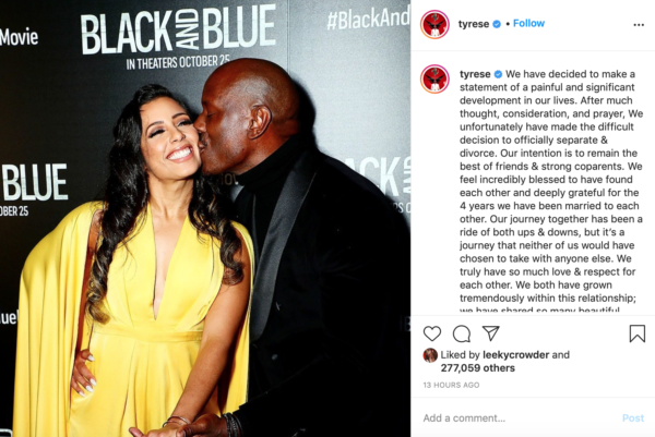 Tyrese and Wife Samantha Announce Divorce On Instagram