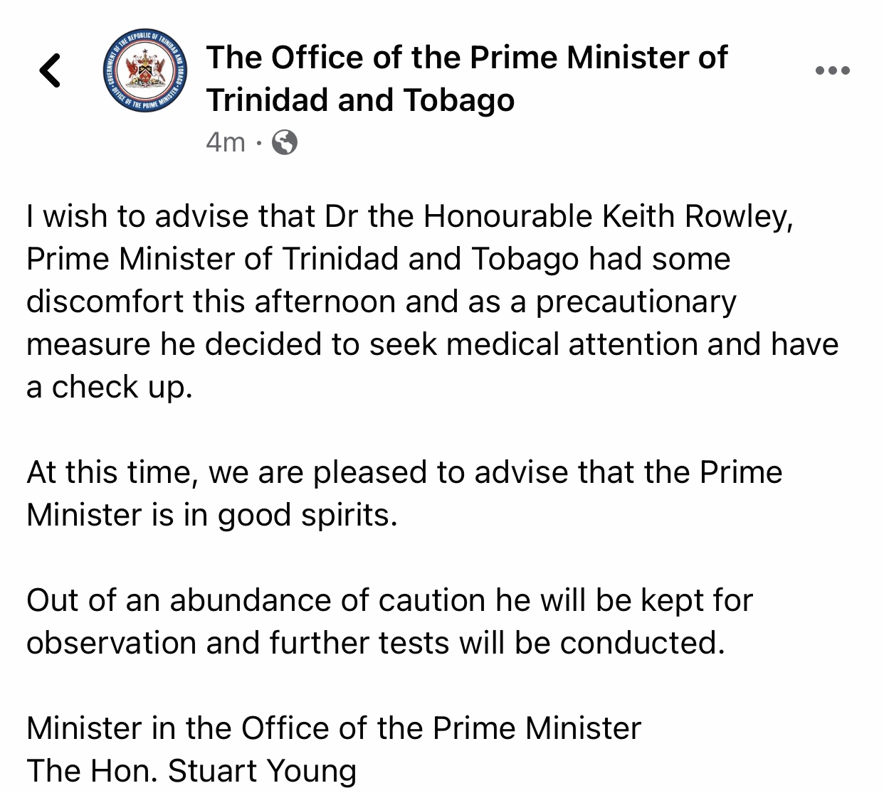 PM Rowley seeks medical attention
