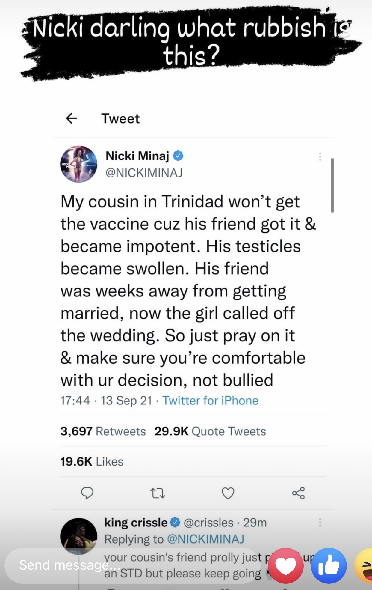 Nikki Minaj getting dragged for anti vaccination tweet