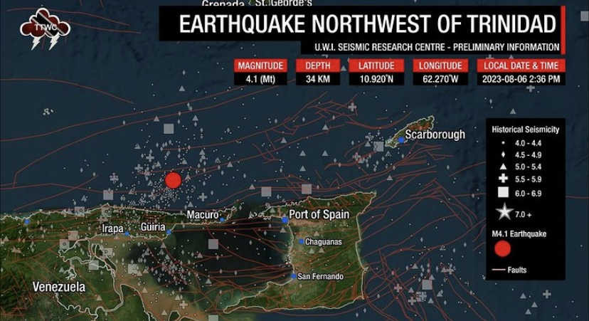 Magnitude 4.1 earthquake strikes Trinidad at 2:36pm Sunday