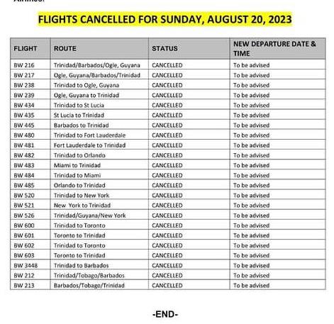 More cancelled flights listed on Caribbean airlines website